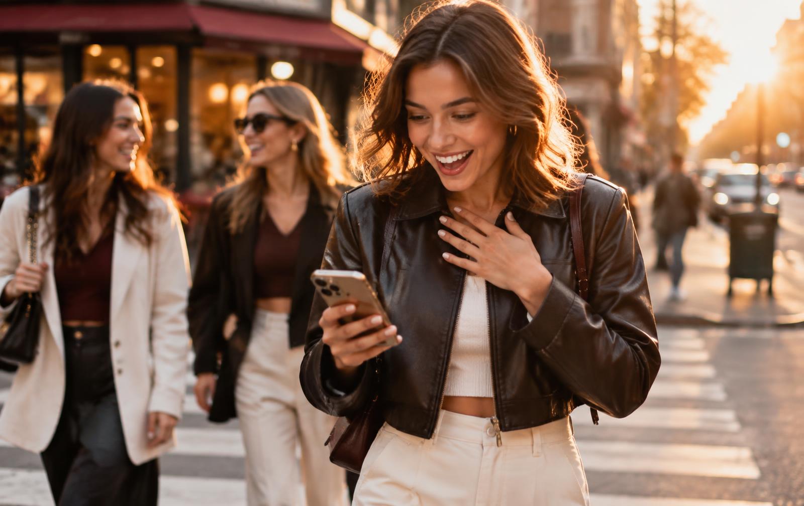 A young woman out with friends in the city lights up with delighted surprise at a sweet message.